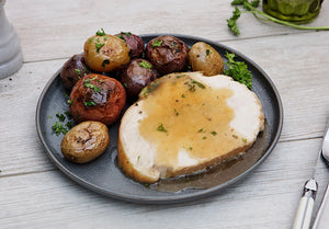 Oven-Baked Turkey Breast with Sage Gravy and Tricolor Potatoes