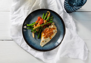 Oven Roasted Chicken Breast with Romesco Butter Green Beans Tomato  Sweet Onion