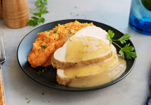 Oven Roasted Turkey Breast with Savory Herb Gravy and Smashed Sweet Potatoes
