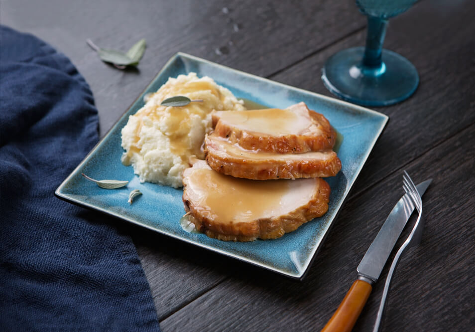 Oven Roasted Turkey Breast with Shallot Porcini Gravy and Herbed Mashed Cauliflower