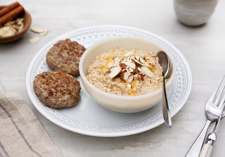 Peaches and Cream Steel Cut Oatmeal with Breakfast Sausage Patties