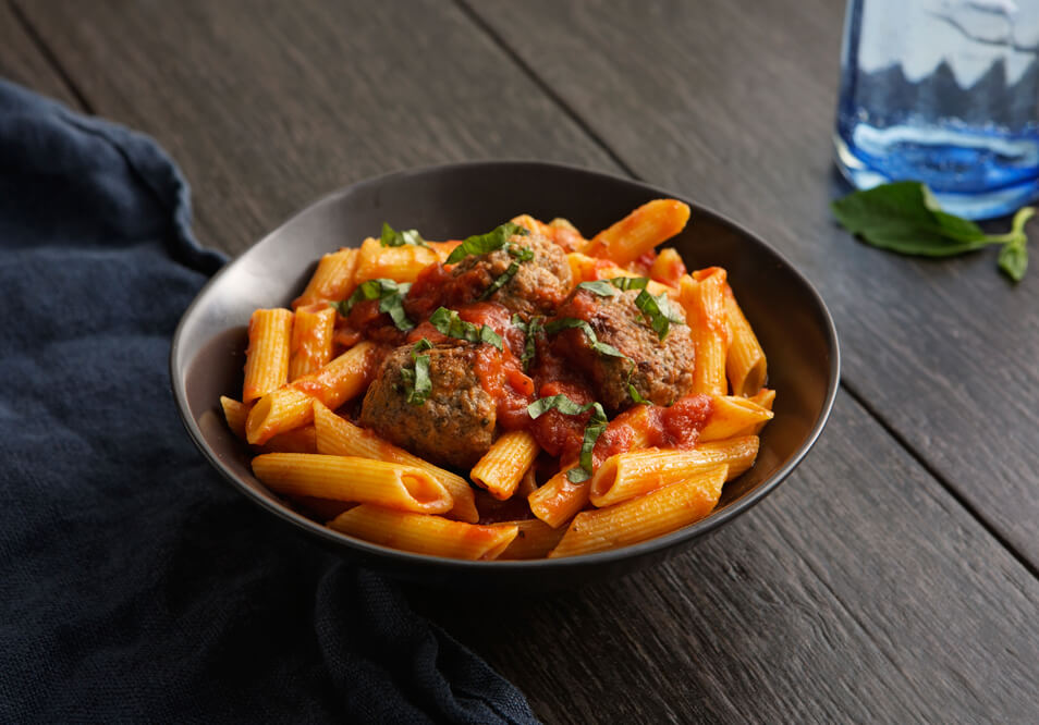 Penne Pasta Al Pomodoro with Grass-Fed Beef Meatballs