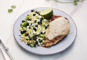 Pepper-Jack Chicken Adobo with Southwest Cauliflower and Broccoli Rice