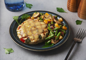 Philly Cheese Chicken Burger with Honey Mustard Green Beans