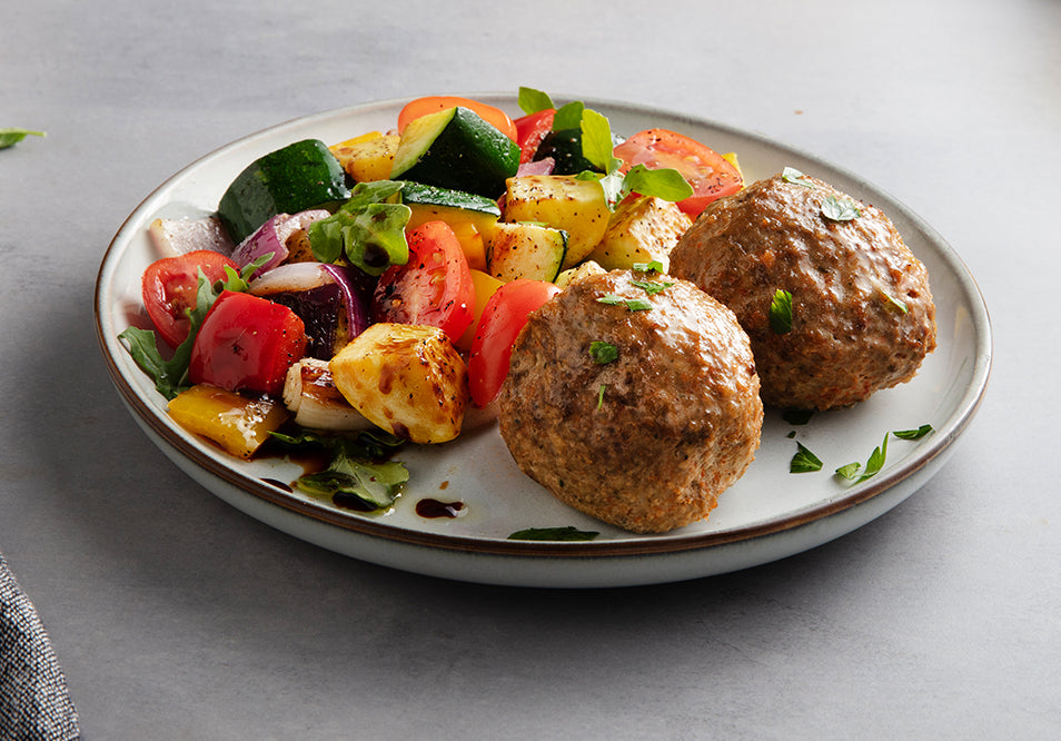 Classic Beef Meatballs with Balsamic Roasted Veggies