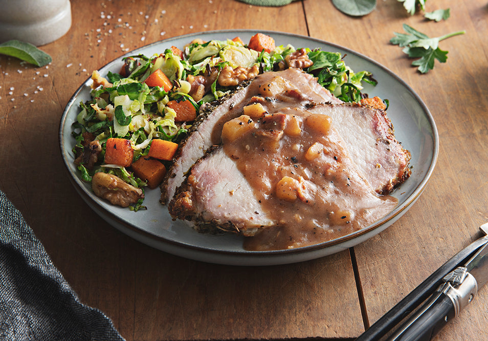 Herb Roasted Pork Loin and Apple Cider Sauce with Brussels Sprouts, Walnuts & Butternut Squash