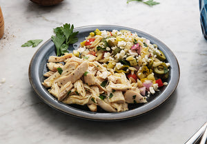 Shredded Greek Chicken with Mediterranean Vegetables and Orzo