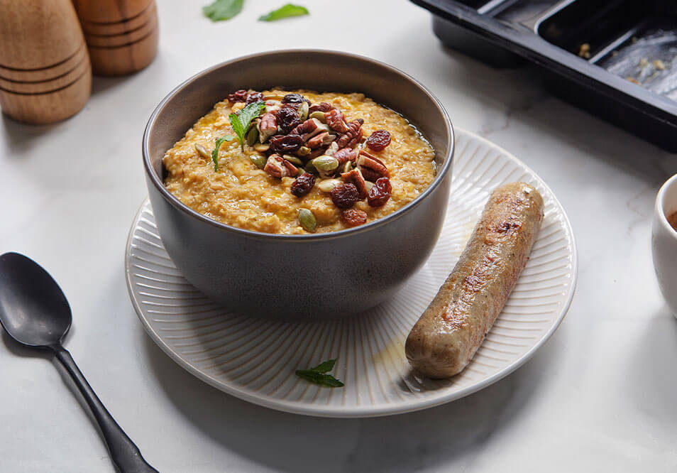 Pumpkin Spice Oatmeal with Organic Apple Chicken Sausage