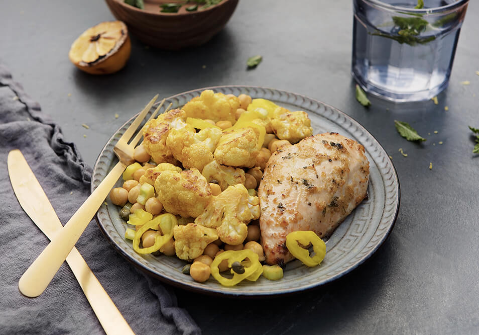 Meyer Lemon-Pepper Chicken with Chickpea and Cauliflower Salad