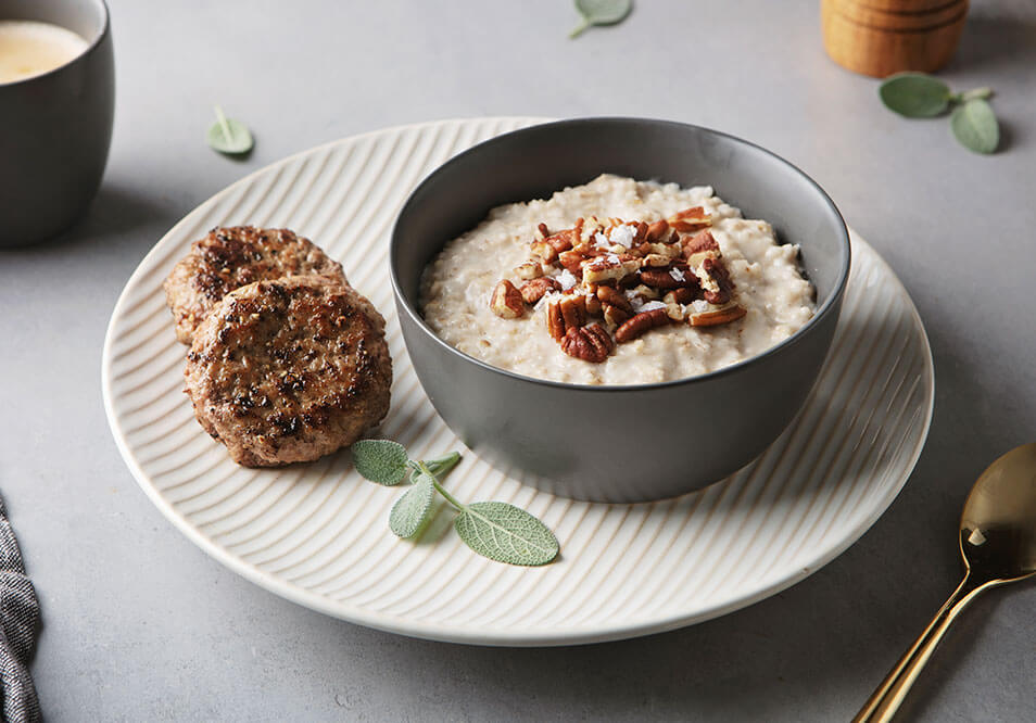 Salted Caramel Protein Oatmeal with Free-Range Turkey Breakfast Sausage