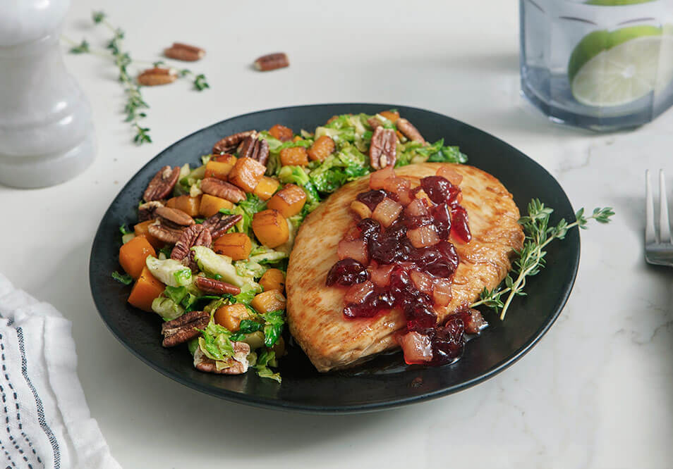 Organic Turkey Cutlet with a Cranberry and Pear Chutney and Shredded Brussels Sprouts, Butternut Squash and Spiced Pecans