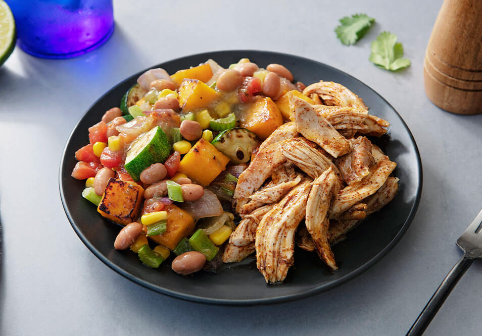 Shredded Chicken Asado with Organic Corn and Bean Salad