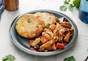 Shredded Greek-Style Chicken with Crispy Chickpea Fritters