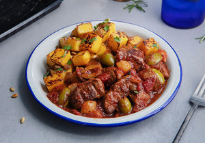 Sicilian Grass-Fed Beef Stew with Roasted Butternut Squash and Toasted Pine Nuts