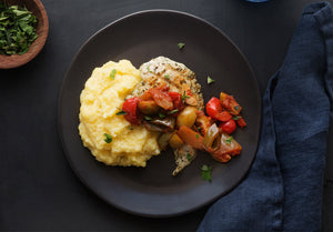 Sicilian Chicken with Garlic Polenta Stewed Peppers  Onions