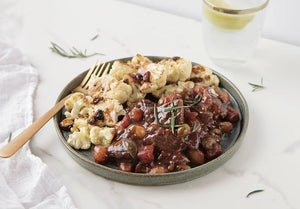 Sicilian Grass-Fed Beef Stew with Roasted Cauliflower, Raisins and Pine Nuts