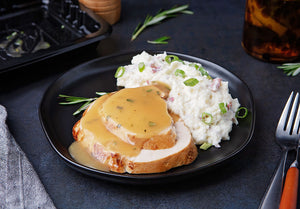 Oven Roasted Turkey Breast with Lemon-Rosemary Sauce and Loaded Garlic Mashed Potatoes