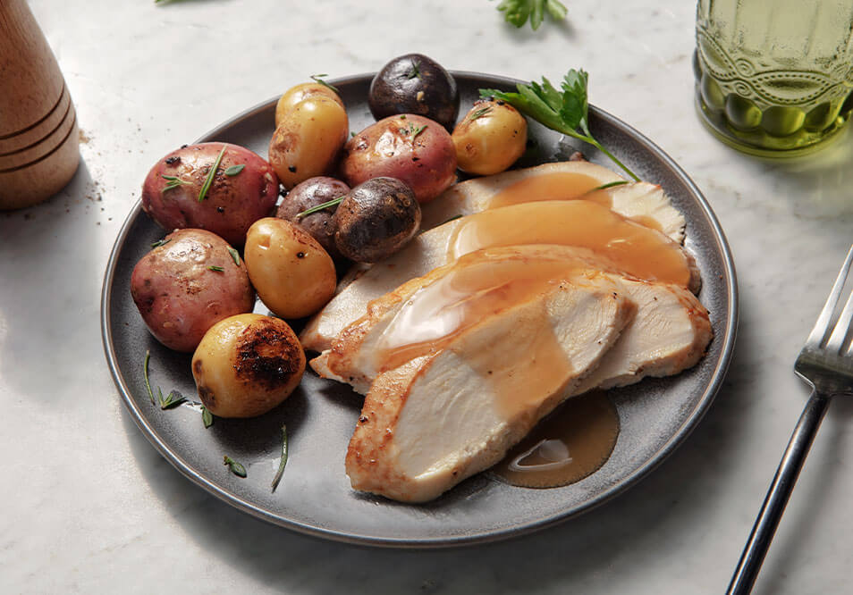 Oven Roasted Turkey with Sherry Wine Sauce and Herb Roasted Tri-Color Potatoes