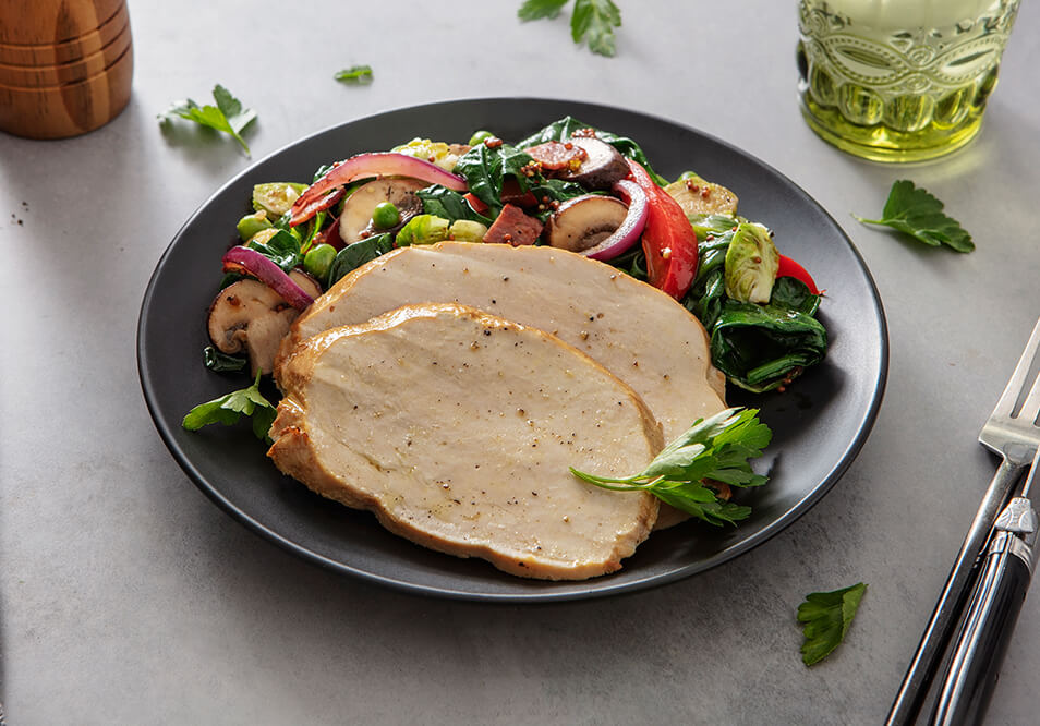 Smoked Turkey Breast with Warm-Bacon Dressed Spinach and Brussels Sprouts