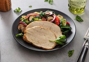 Smoked Turkey Breast with Warm-Bacon Dressed Spinach and Brussels Sprouts