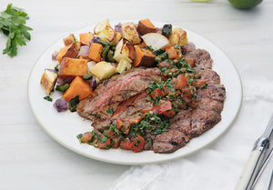 Smoked Grass-Fed Flank Steak with Cilantro Salsa and Roasted Vegetables