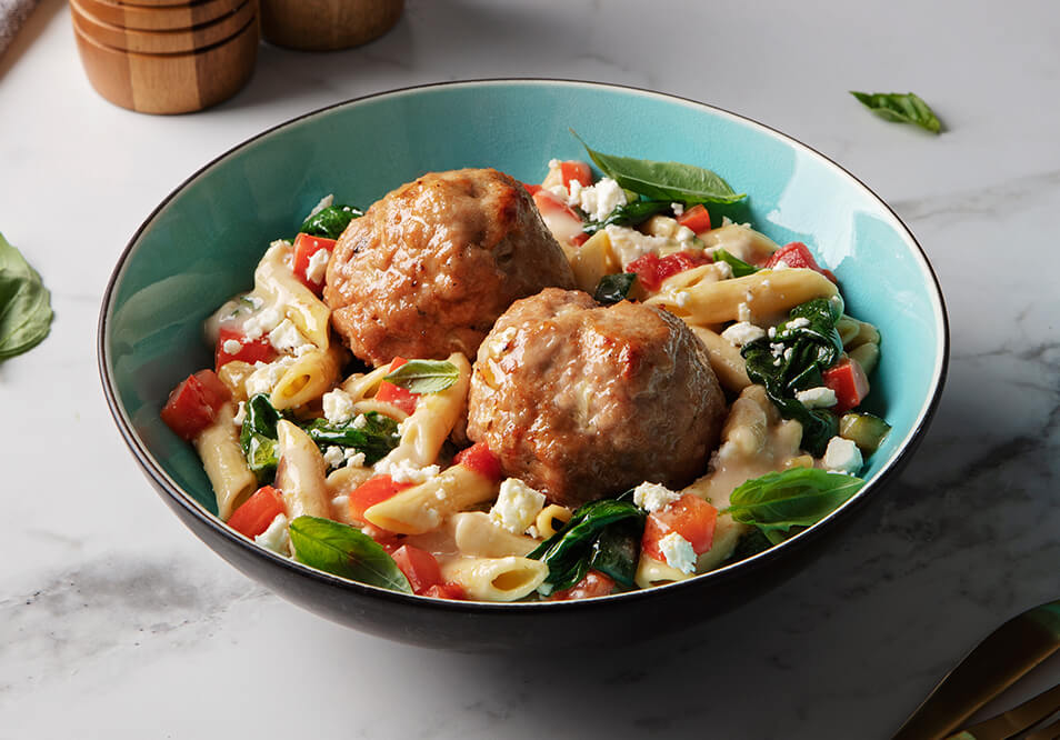 Spring Herb and Feta Penne with Organic Free-Range Turkey Meatballs