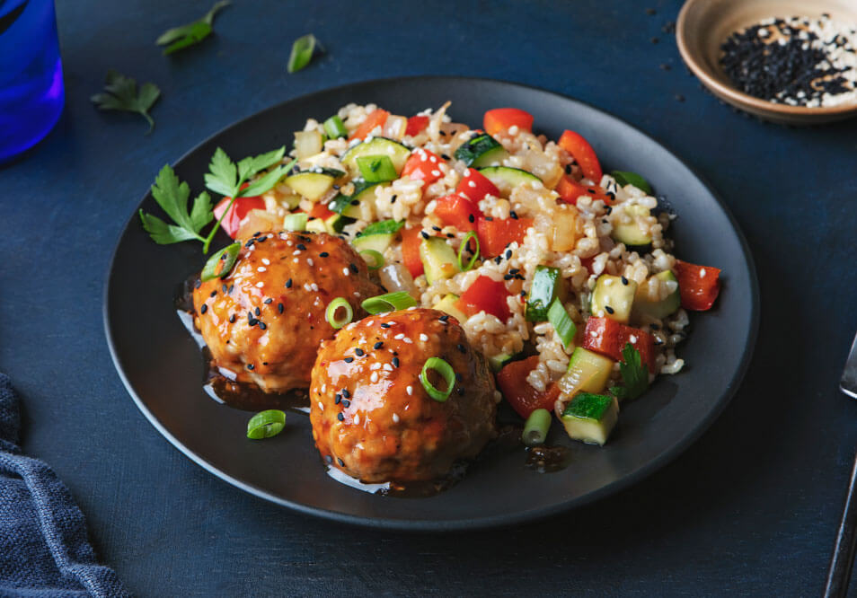 Sticky Ginger Sesame Meatballs with Vegetable 'Fried' Rice