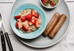 Strawberries and Cream Steel Cut Oatmeal with Breakfast Sausage