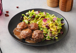 Swedish Grass-Fed Beef Meatballs with Cranberry Red Wine Brussels Sprouts