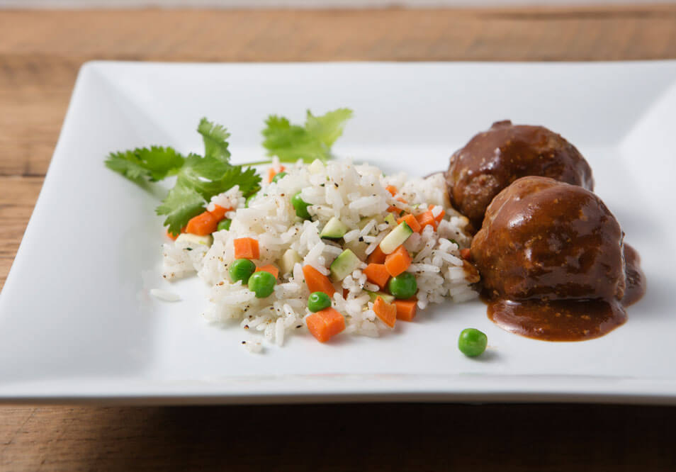 Free-Range Turkey Sweet  and Sour Meatballs with Black Pepper Rice