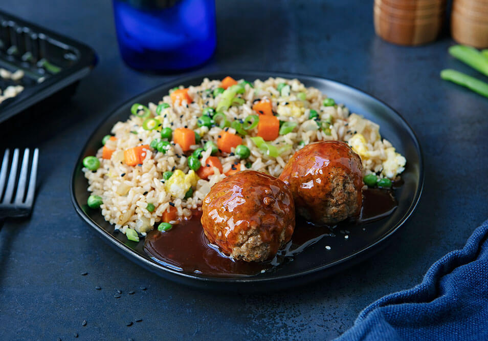 Sweet and Sour Grass-Fed Beef Meatballs with Vegetable 'Fried' Rice