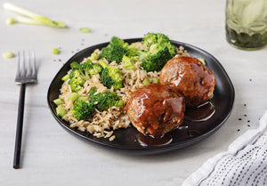 Sweet and Sour Grass-Fed Bison Meatballs and Teriyaki Broccoli Rice