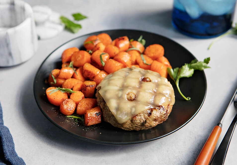 Organic Grilled Swiss Turkey Burger with Roasted Carrots