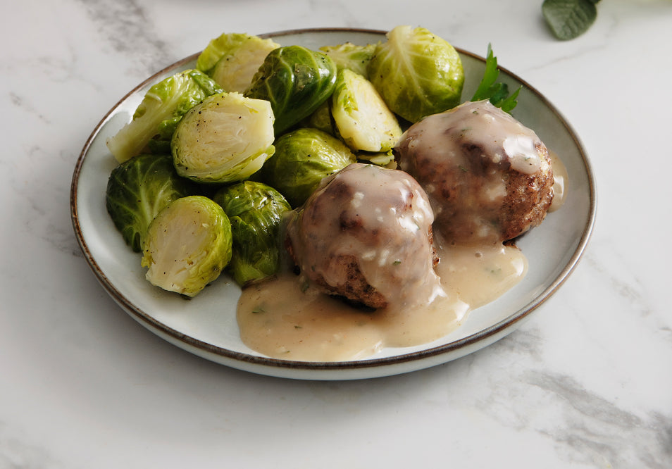 Three Cheese Italian Turkey Meatballs with Lemon Garlic Butter Sauce and Steamed Brussel Sprouts