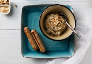 Toasted Coconut and Cashew Rice Pudding with Breakfast Sausage