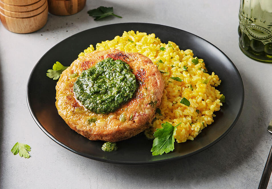 Tomato-Fennel Wild-Caught Cod Cake with Caper Dill Pesto and Lemon Garlic Rice