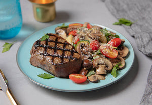Grilled Grass-Fed Top Steak with Chardonnay Sauteed Vegetables