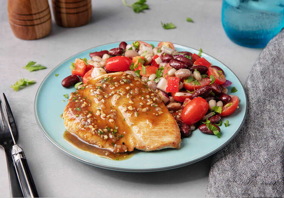 Organic Turkey Cutlet with Garlic White Wine Pan Sauce and Tri-Color Bean Salad