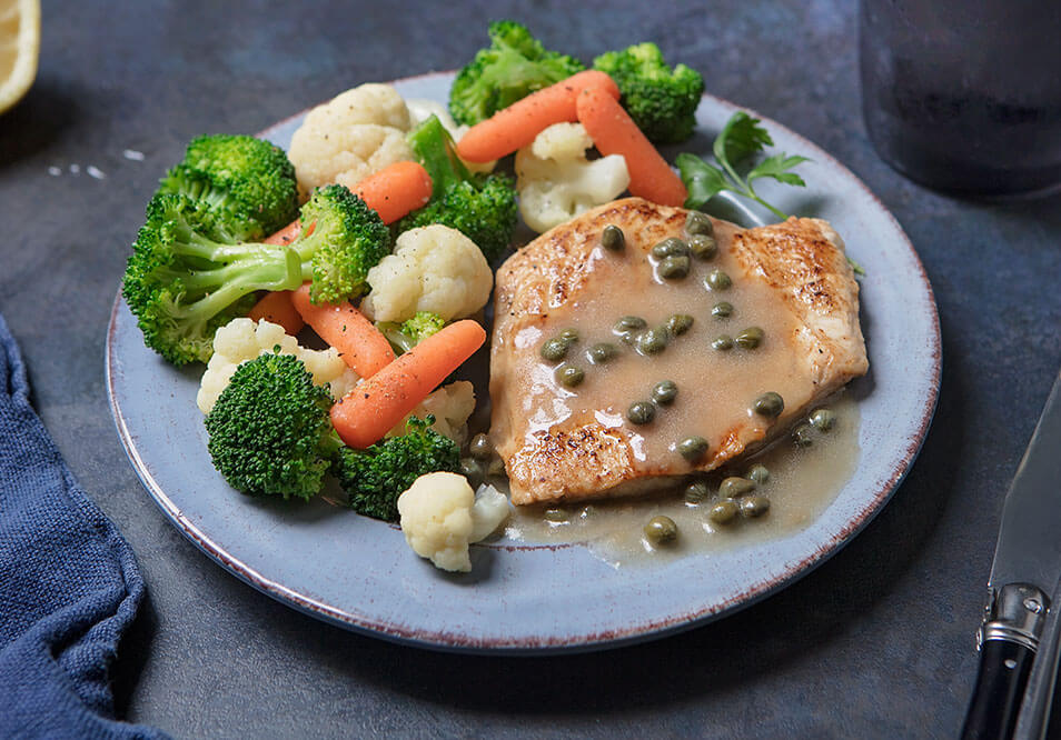 Turkey Cutlet with Lemon Caper Sauce and California Vegetable Medley