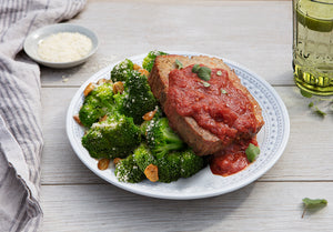 Grass-Fed Bison Meatloaf Marinara with Parmesan Roasted Broccoli
