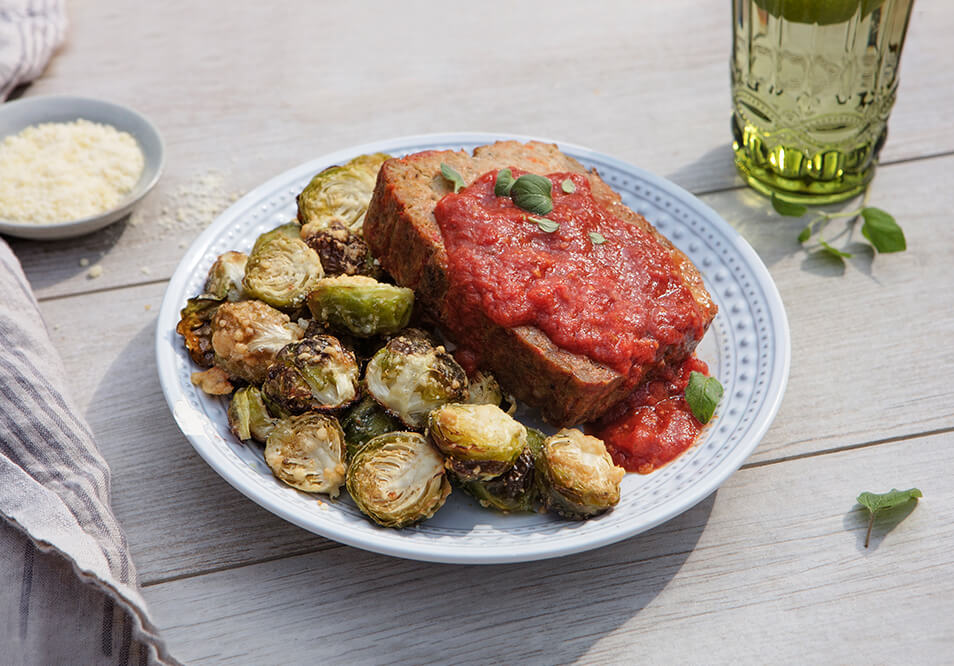 Tuscan Grass-Fed Beef Meatloaf with Parmesan Roasted Brussels