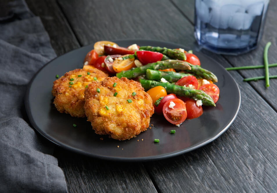 Wild-Caught Cod and  Corn Cakes with Asparagus Salad
