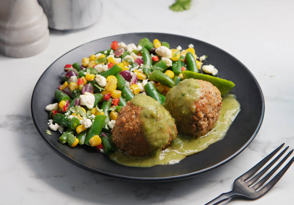 Grass-Fed Yak Meatballs with Fresh Salsa Verde and Organic Street Corn and Green Beans