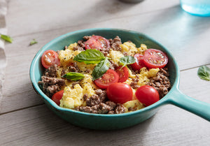 Grass-Fed Beef and Tomato-Basil Breakfast Scrambler