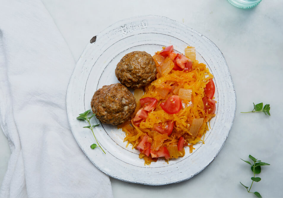 Grass-Fed Bison Meatballs with Spaghetti Squash and Tomatoes