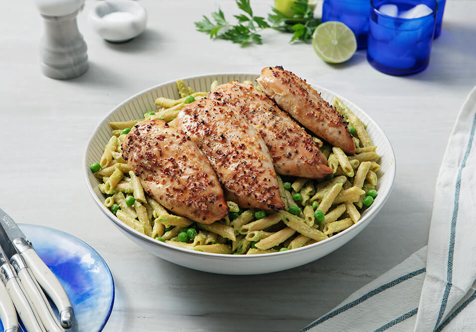Family Style Garlic Chicken with Penne Pasta and Green Pea Pesto