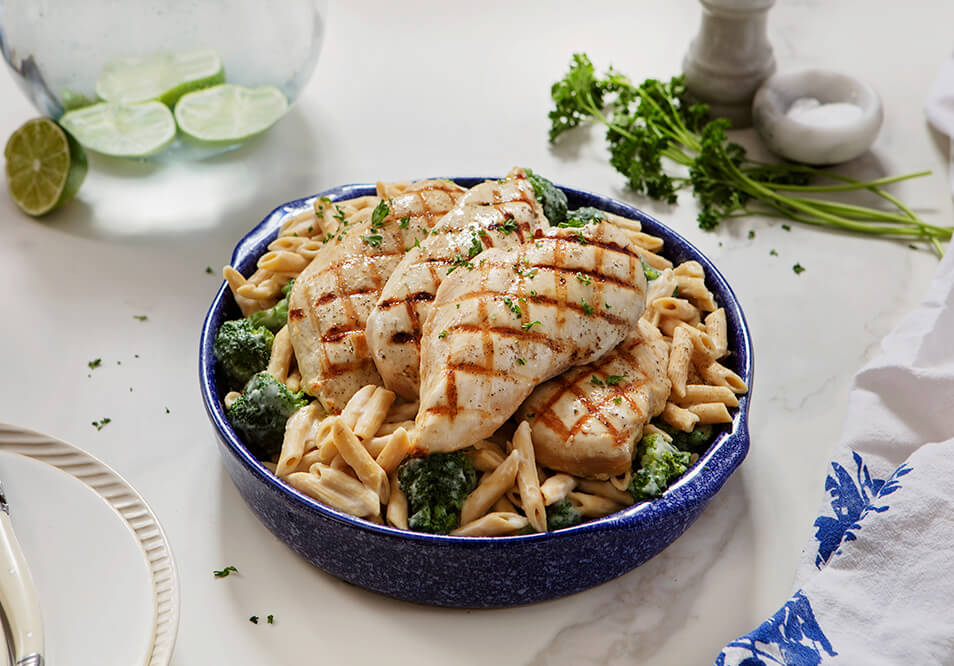 Family Style Grilled Chicken and Broccoli Cauli-Fredo over Super-Grain Pasta