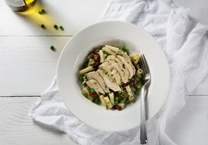 Organic Brown Rice Penne Pasta with Basil Pine Nut Pesto and Chicken