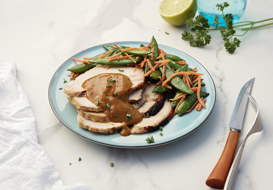 Roasted Turkey with Lemon-Turmeric Gravy, Snap Peas and Shredded Carrots